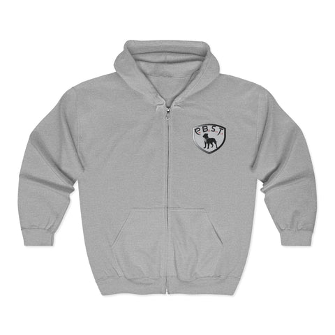 PBST Shield Zip Hoodie — Vintage Dog Emblem Full‑Zip Sweatshirt